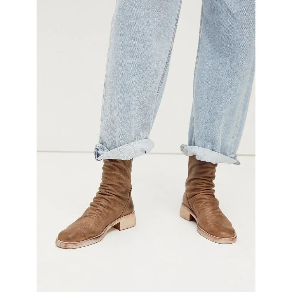 Free People Sutton Tight Slouch Boots in Taupe Leather Size 37